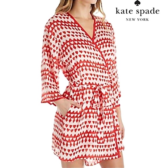 KATE SPADE Heart Print Kimono Chiffon Robe Red Belted Size L/XL - Picture 3 of 10
